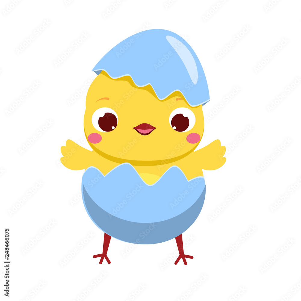 Cute chicken egg hatching. Cartoon funny chick. Isolated Easter character