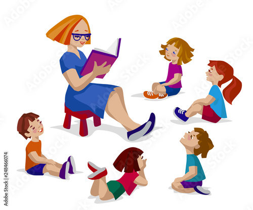 Group of kids sitting in circle around the teacher and listening a story.