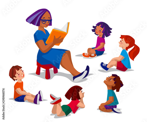 Group of kids sitting in circle around the teacher and listening a story.