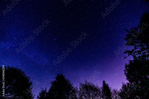 Night sky over rural landscape. Beautiful night starry sky, high ISO landscape.