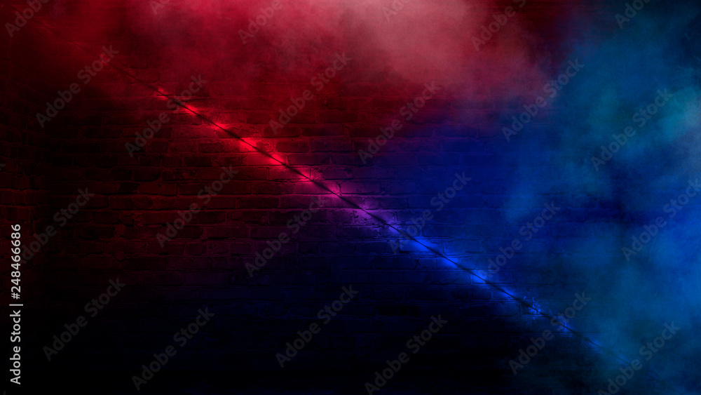 Background of an empty corridor with brick walls and neon light. Brick walls, neon rays and glow Background of an empty corridor with brick walls and neon light. Brick walls, neon rays and glow