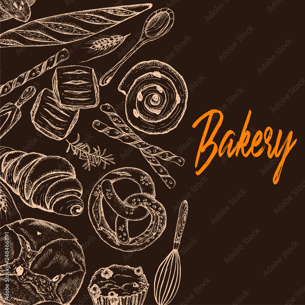 Bakery top view frame. Hand drawn sketch with bread, pastry, sweet.Vector set of bread and bakery products.  Background template for design. Can be use for menu, packaging.