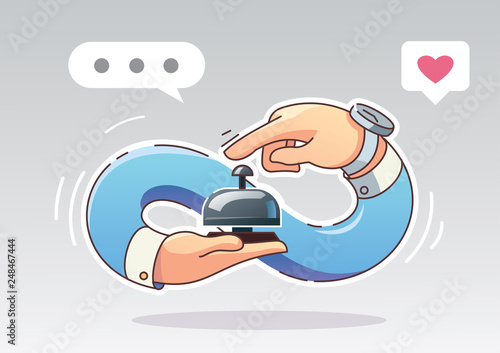 Online hotel reservation. Hand pushing accommodation call bell