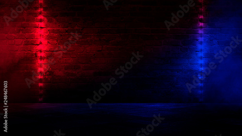 Background of an empty corridor with brick walls and neon light. Brick walls  neon rays and glow