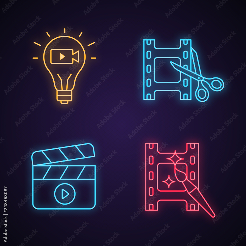Film industry neon light icons set Film industry neon light icons set