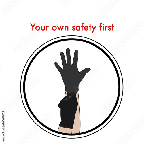 Vector illustration of hands wearing medical neoprene gloves for safety