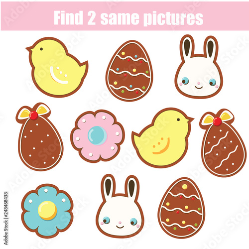 Children educational game. Find two same pictures. Easter cookies