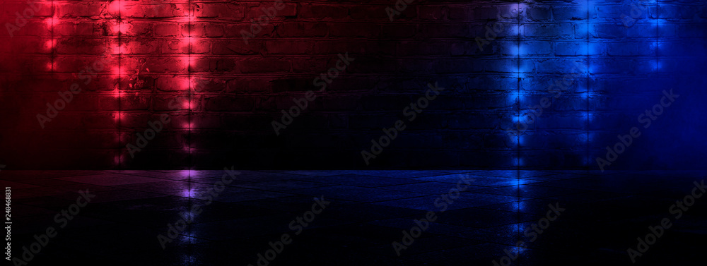 Background of an empty corridor with brick walls and neon light. Brick walls, neon rays and glow