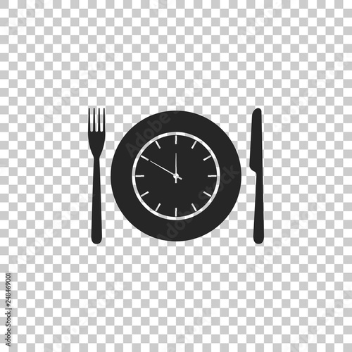 Plate with clock, fork and knife icon isolated on transparent background. Lunch time. Eating, nutrition regime, meal time and diet concept. Flat design. Vector Illustration