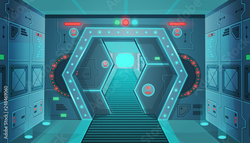 Corridor with a door in a spaceship.Vector cartoon background interior room sci-fi spaceship. Background for games and mobile applications.