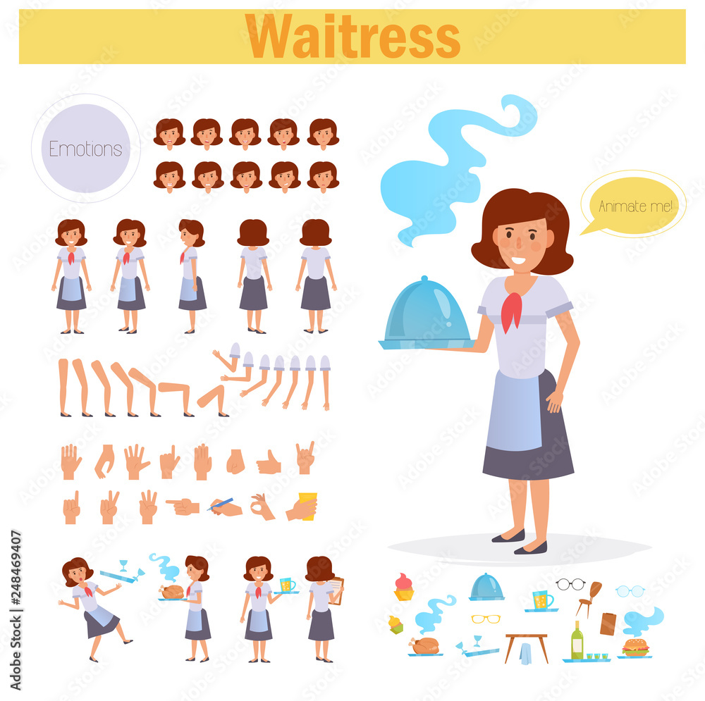Waitress for animation. Poses front, rear, side, three quarter. Creation set. Collection of emotions. Vector. Cartoon. Isolated art on white background. Flat Different positions of hands Waitress for animation. Poses front, rear, side, three quarter. Creation set. Collection of emotions. Vector. Cartoon. Isolated art on white background. Flat Different positions of hands