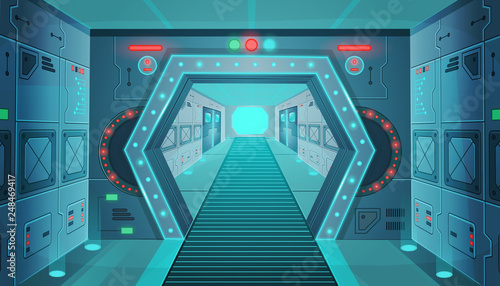 Fototapeta Naklejka Na Ścianę i Meble -  Corridor with a door in a spaceship.Vector cartoon background interior room sci-fi spaceship. Background for games and mobile applications.