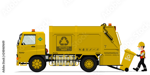 Isolated recyclable garbage truck and the keeper on transparent background