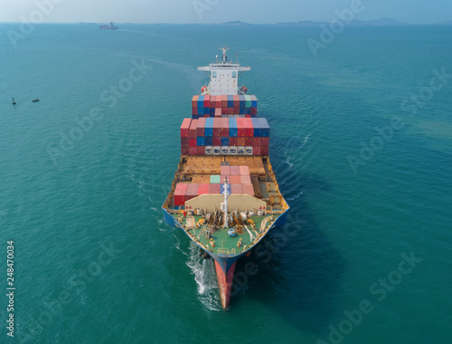 Aerial front view container ship going to sea port for load container. Logistic business, import export, shipping or transportation.
