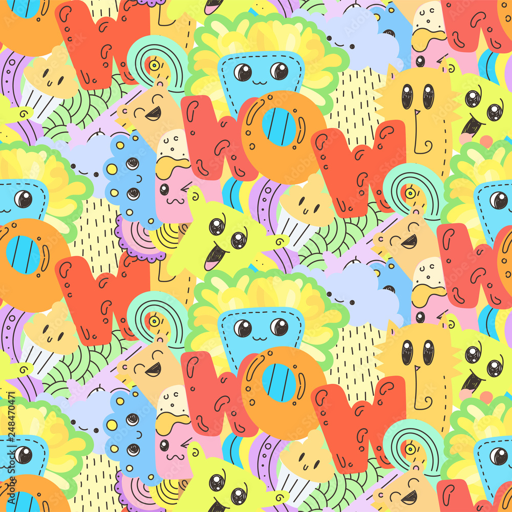 Seamless vector pattern with cute cartoon monsters and beasts. Nice for packaging, wrapping paper, coloring pages, wallpaper, fabric, fashion, home decor, prints etc Seamless vector pattern with cute cartoon monsters and beasts. Nice for packaging, wrapping paper, coloring pages, wallpaper, fabric, fashion, home decor, prints etc