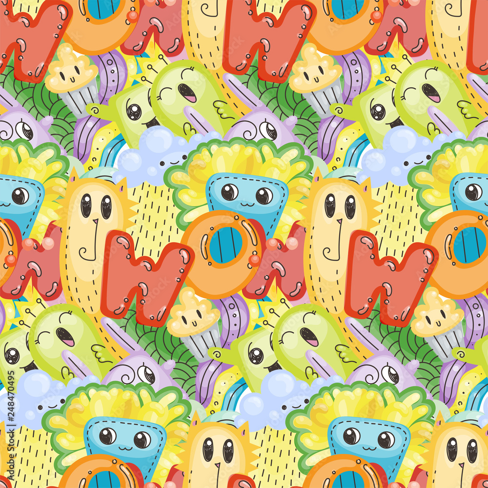 Seamless vector pattern with cute cartoon monsters and beasts. Nice for packaging, wrapping paper, coloring pages, wallpaper, fabric, fashion, home decor, prints etc Seamless vector pattern with cute cartoon monsters and beasts. Nice for packaging, wrapping paper, coloring pages, wallpaper, fabric, fashion, home decor, prints etc
