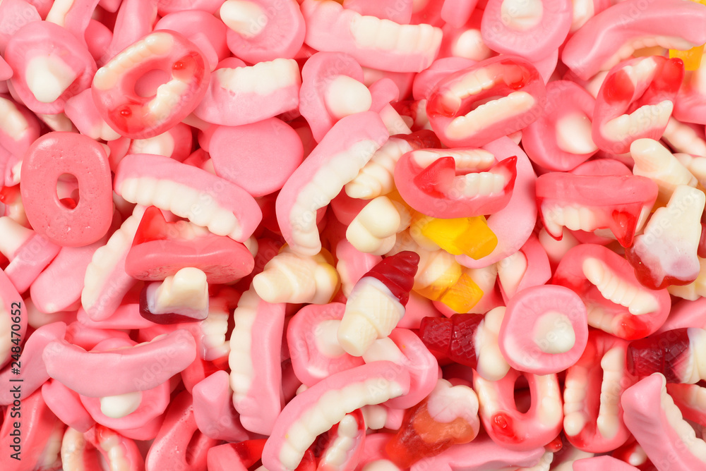 Assorted gummy candies. Top view. Jelly sweets. Assorted gummy candies. Top view. Jelly sweets.