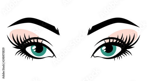 Eyelash extension logo. Vector illustration of green eyes with long eyelashes and make-up. For beauty salon, lash extensions maker. .