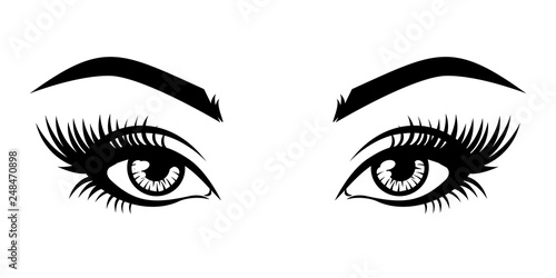 Illustration of woman's sexy luxurious eye with eyebrows and full lashes. Idea for business visit card, typography vector. Perfect salon look. .