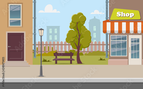 Cute cartoon town street with a shop, tree, bench, fence, street lamp. City street background vector illustration. photo