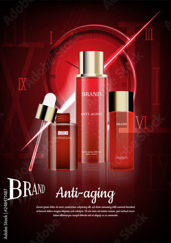 Anti aging cosmetic set on split clock with roman numbers background