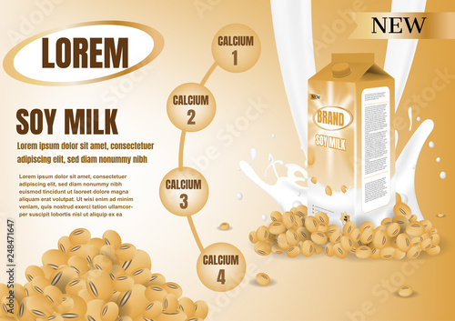 Yellow milk carton with splashing milk , soy beans and four bubbles on yellow background