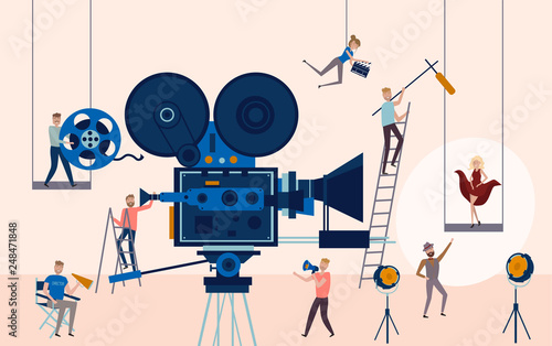 Making movie, video production poster template with small people in the process of shooting a movie. Editable vector illustration