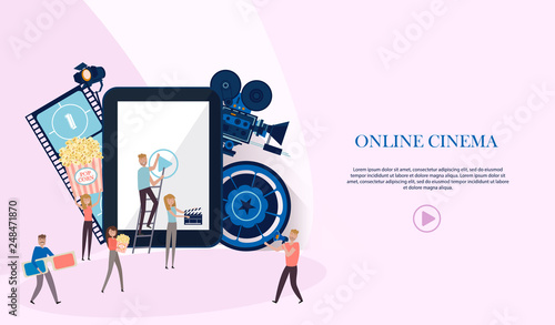 Making movie, video production landing page template with tiny people in the process of shooting a movie. Editable vector illustration