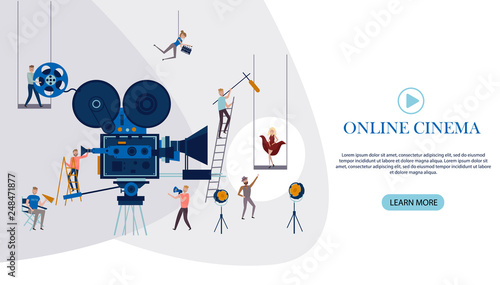 Making movie, video production landing page template with tiny people in the process of shooting a movie. Editable vector illustration