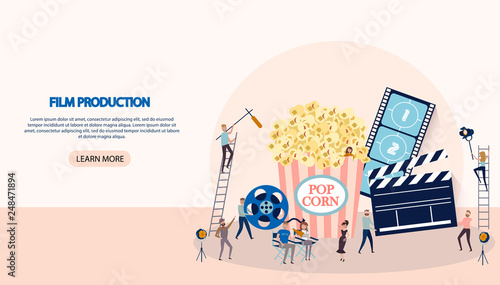 Making movie, video production landing page template with tiny people in the process of shooting a movie. Editable vector illustration