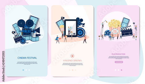 Making movie, video production Mobile App Page with tiny people in the process of shooting a movie. Editable vector illustration