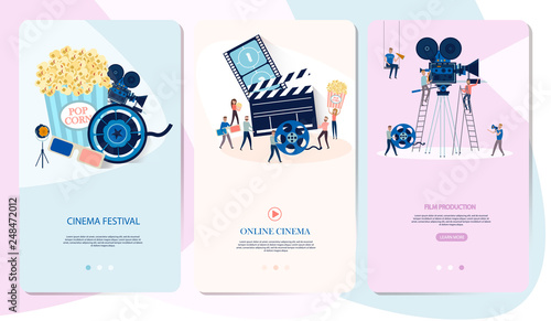 Making movie, video production Mobile App Page with tiny people in the process of shooting a movie. Editable vector illustration