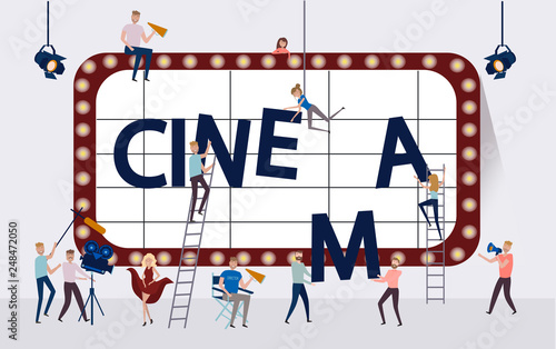 Making movie, video production poster template with small people in the process of shooting a movie. Editable vector illustration