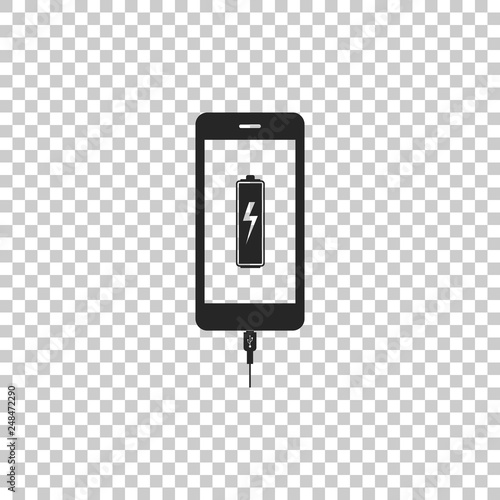 Smartphone battery charge icon isolated on transparent background. Phone with a low battery charge and with USB connection. Flat design. Vector Illustration