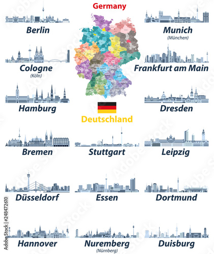 Germany largest cities skylines in tints of blue color palette. Map and flag of Germany. Vector set