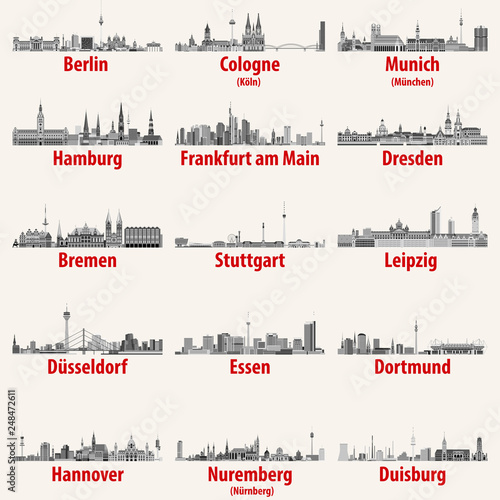 Germany cities skylines in black and white color palette vector set