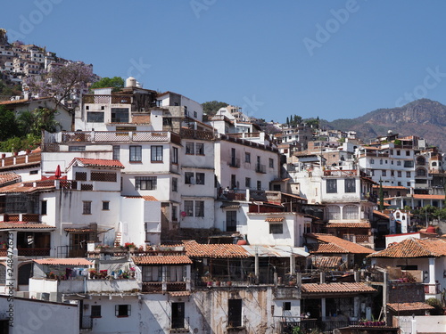 Beautiful housing estate at cityscape landscape of historical Taxco city with jacaranda trees in Mexico photo