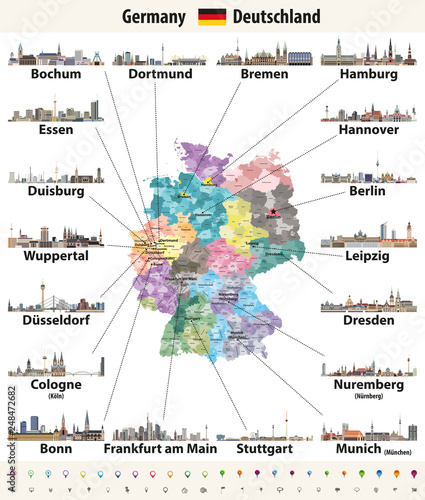 Germany map with largest cities skylines vector set. All layers are labelled, editable and well organized