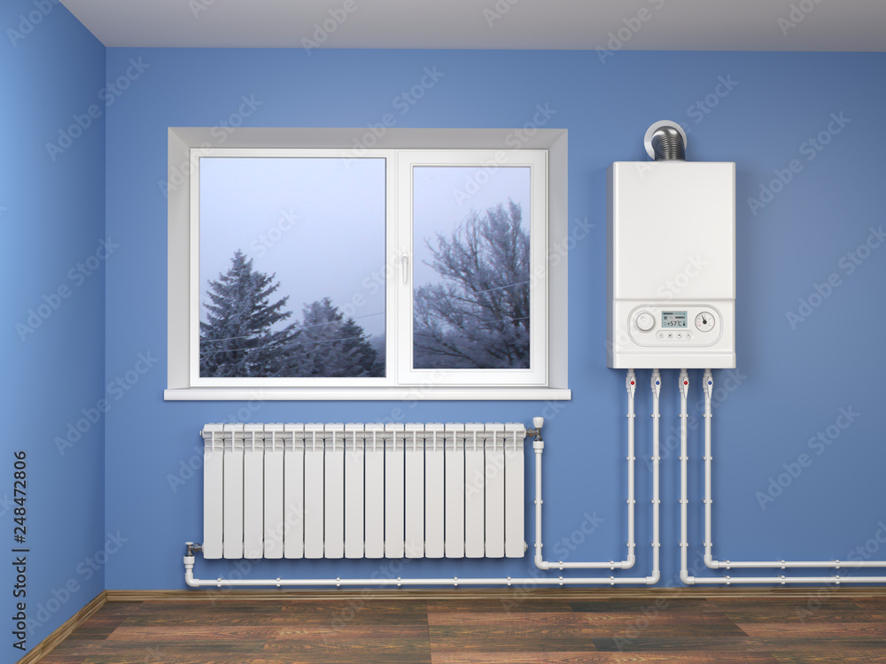 Gas boiler and heater radiator with pipelines on blue wall with window in  house. Heating system. Stock Illustration | Adobe Stock