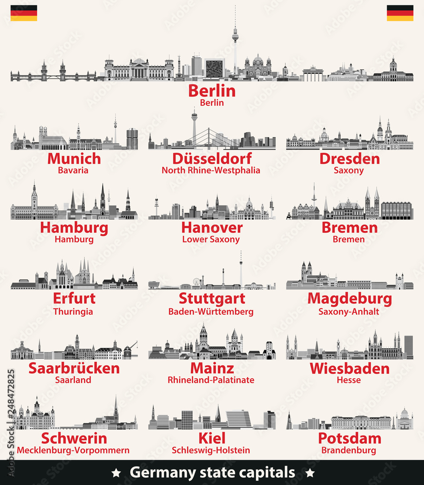 Fototapeta premium Germany state capitals vector detailed skylines in grey scales color palette