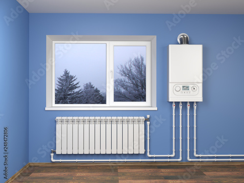 Gas boiler and heater radiator with pipelines on blue wall with window in house. Heating system. photo