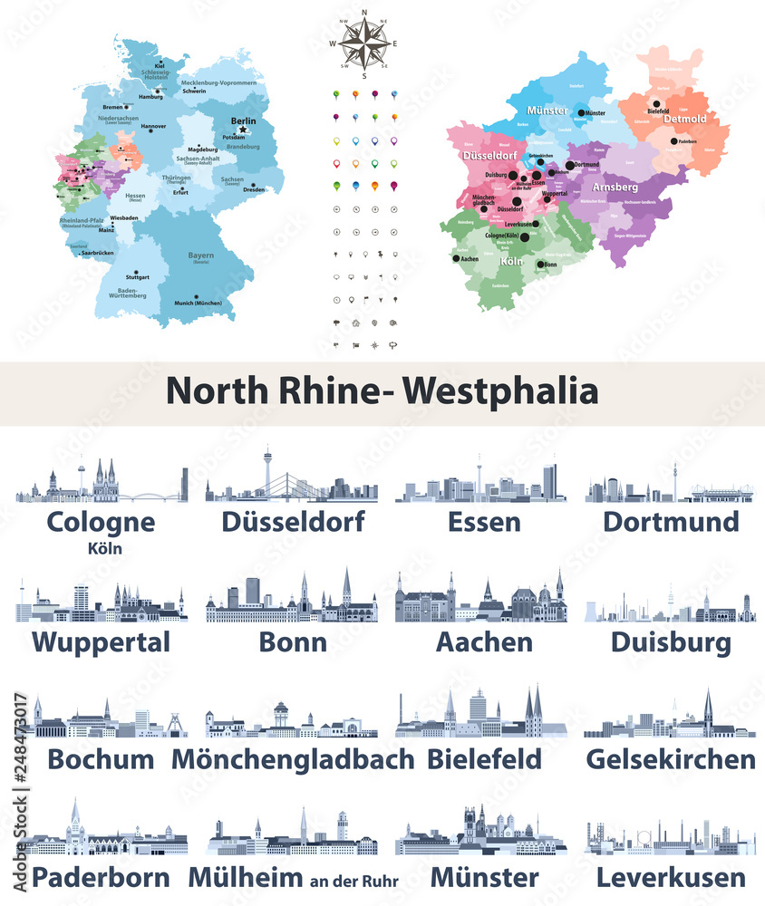 Fototapeta premium vector map of Germany and state Norrth Rhine-Westphalia with largest cities skylines in tints of blue color palette