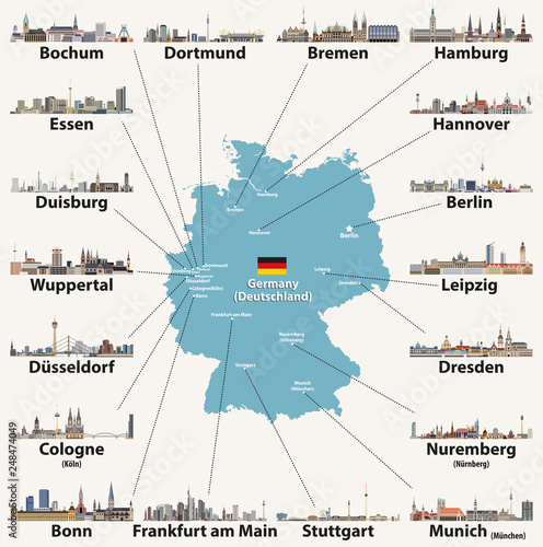 Germany map with largest cities skylines. Vector collection