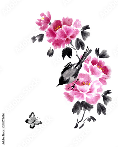 Ink illustration of beautiful peonies, bird and butterfly. Chinese painting. Hand drawn