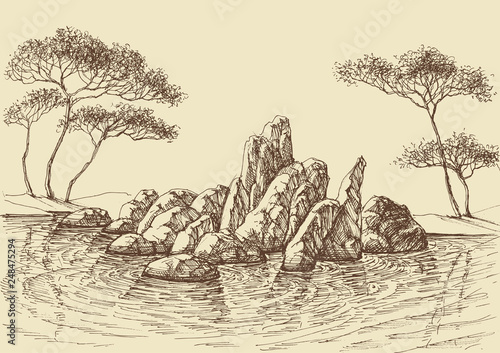 Nature wallpaper, rocks in the sea hand drawing