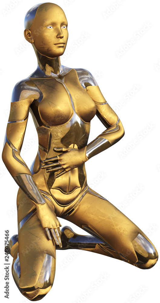 Golden Used Metallic Android Female Futuristic Artificial Intelligence 3D Illustration Golden Used Metallic Android Female Futuristic Artificial Intelligence 3D Illustration