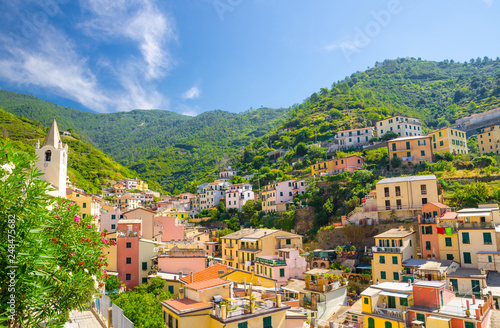 Colorful multicolored buildings houses on green hill in valley of Riomaggiore traditional typical Italian fishing village in National park Cinque Terre, blue sky copy space background, Liguria, Italy