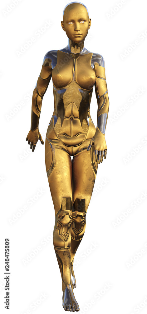 Golden Used Metallic Android Female Futuristic Artificial Intelligence 3D Illustration Golden Used Metallic Android Female Futuristic Artificial Intelligence 3D Illustration
