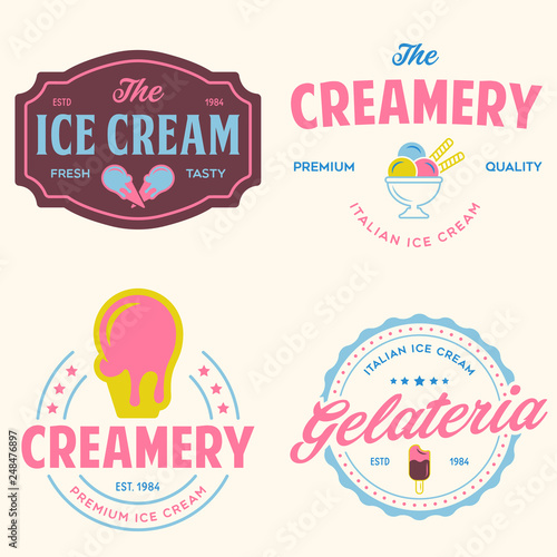 Set of vintage ice cream shop logo badges and labels, gelateria signs. Retro logotypes for cafeteria or bar.