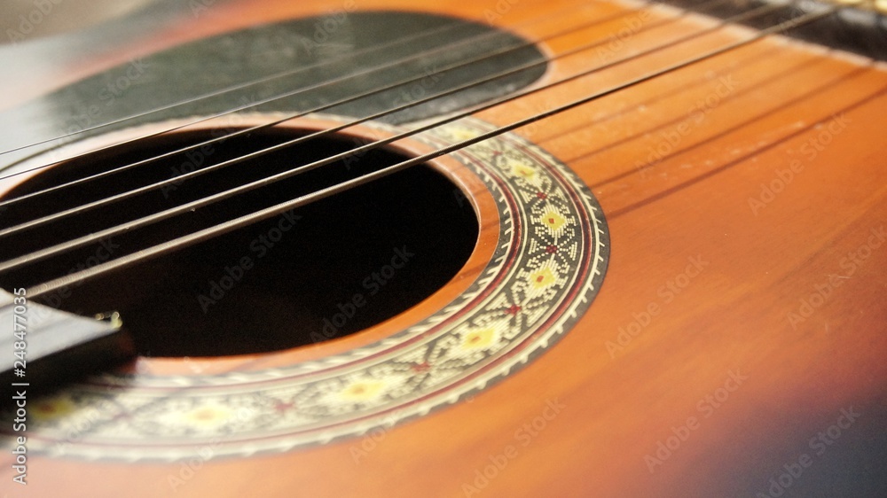 Close up image of an acoustic guitar Close up image of an acoustic guitar